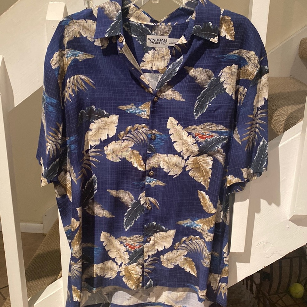 Windham point men’s colorful button down  shirt with leaves and cars, large